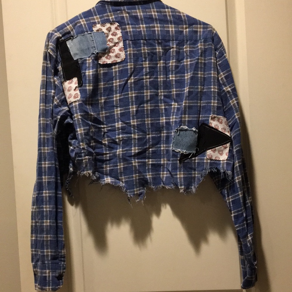 Patchwork Distress Crop Button Down Flannel Lg Sl… - image 4
